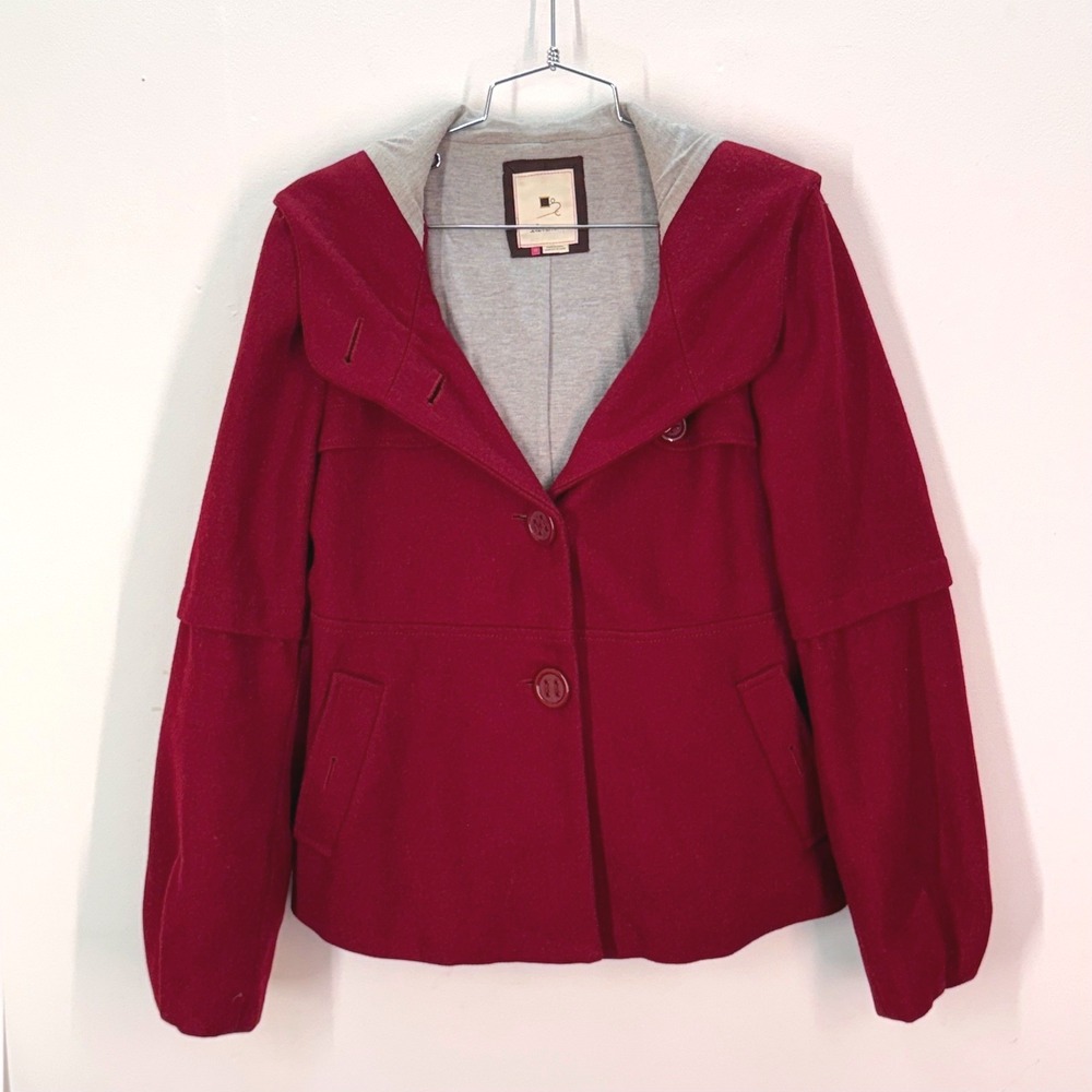 Elevenses Anthropologie Burgundy Wool Blend Hooded Button Front Jacket